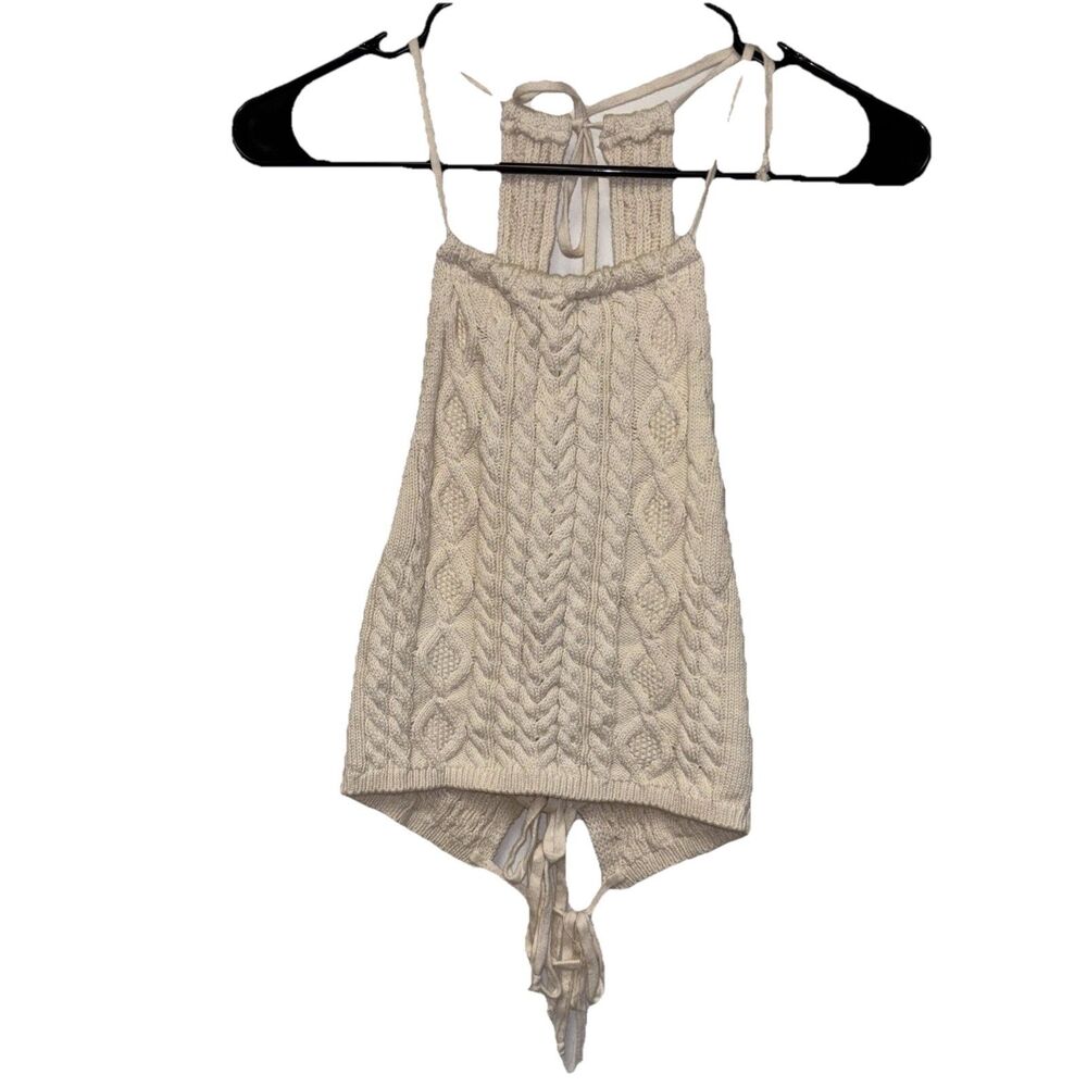 Dilvin Women Ivory Cable Knit Halter Top Stretch S Tie Back Hippie Boho Layer